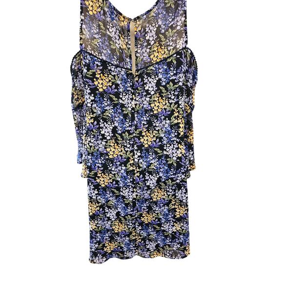 Cynthia Steffe Blue Yellow Floral Cold Shoulder Bell Sleeve ruffle dress size 0 - Picture 2 of 7